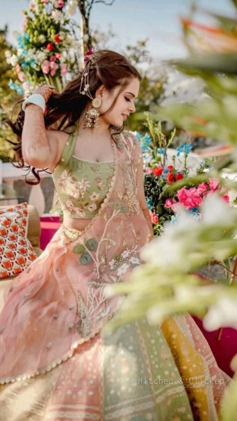 Whispers of Spring: A Haldi Lehenga in Pistachio and Petal Pink