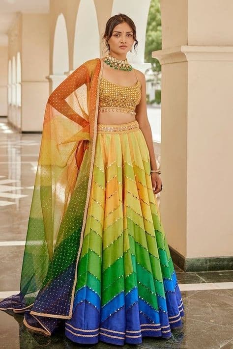 Rainbow Serenade: Haldi Lehenga with Shimmering Accents
