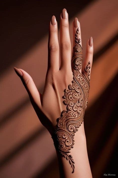 Henna's Whisper: A Haldi Hand Design of Intricate Swirls