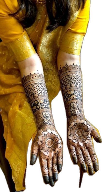Golden Promise: Intricate Mehndi Blessing the Bride's Hands