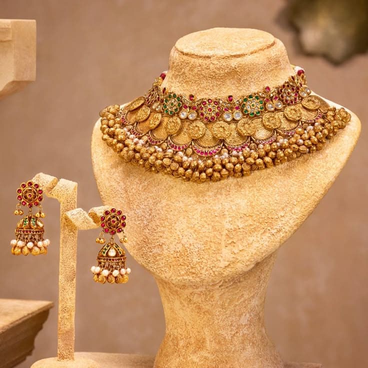 Gilded Heritage: A Bridal Coin Necklace and Jhumka Earring Set