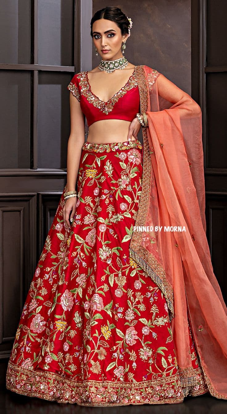 Crimson Bloom: A Floral Embroidered Bridal Lehenga